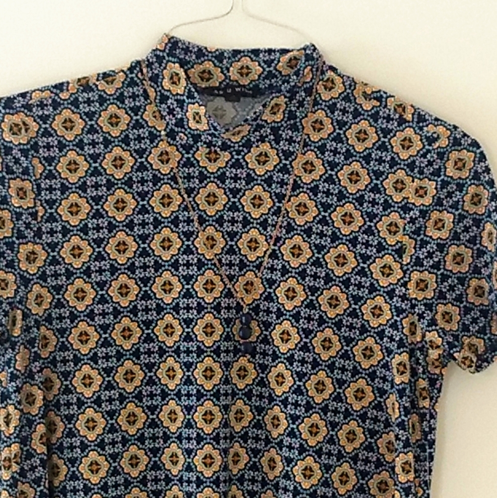 NWT MANDALA Geometric Floral Shirt Dress & Necklace Blue Gold Sunflower Sundress
